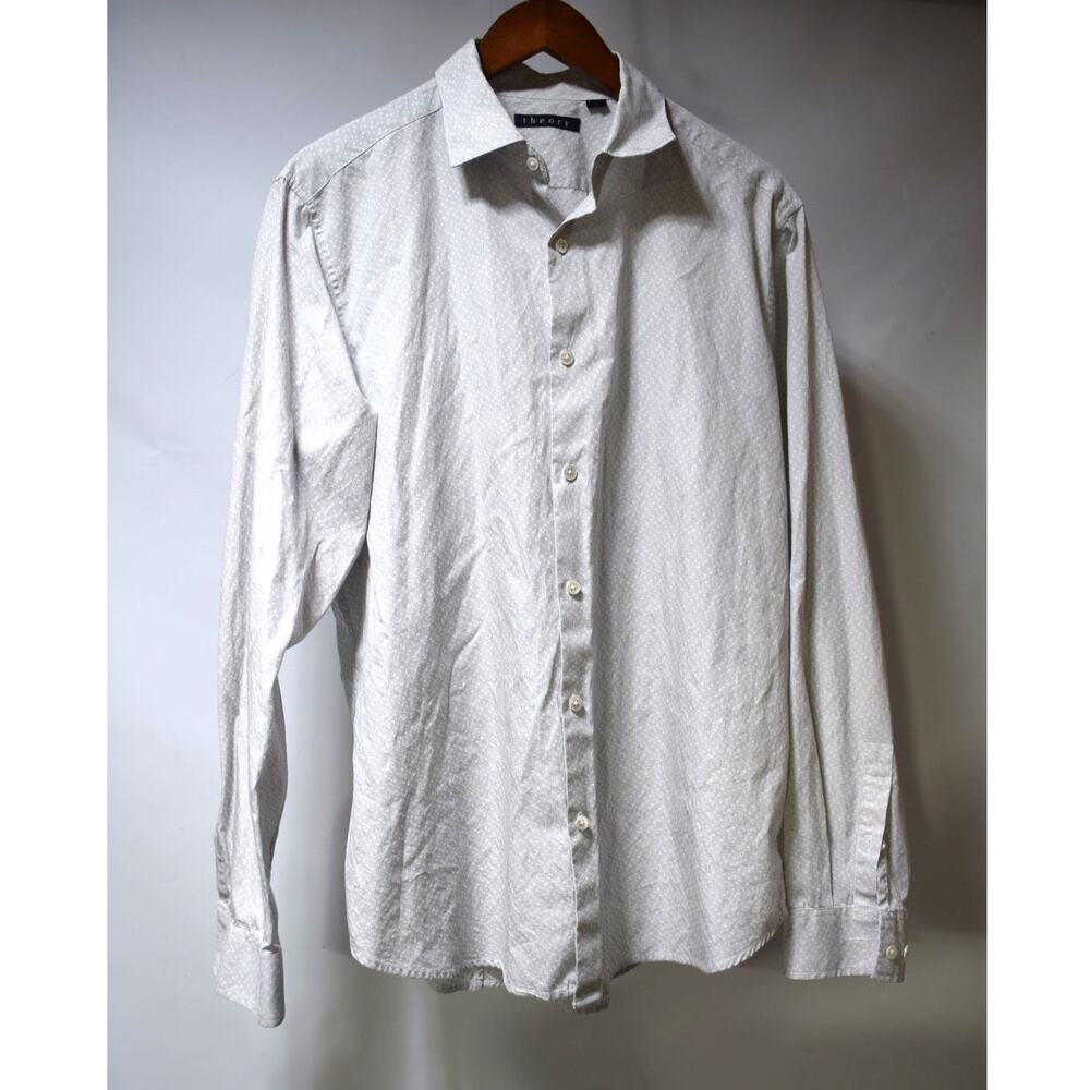 Theory Men’s White Gray Micro Print Long Sleeve Button Front Dress Shirt Large